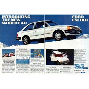 1981 Ford Escort Hatchback 2 Page Vintage Print Ad Snow Mountains 80s Wall Art